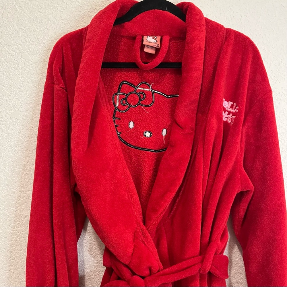 Sanrio Hello Kitty Red Plush Bath Robe Pockets Embroidered Womens Size L - Picture 3 of 14